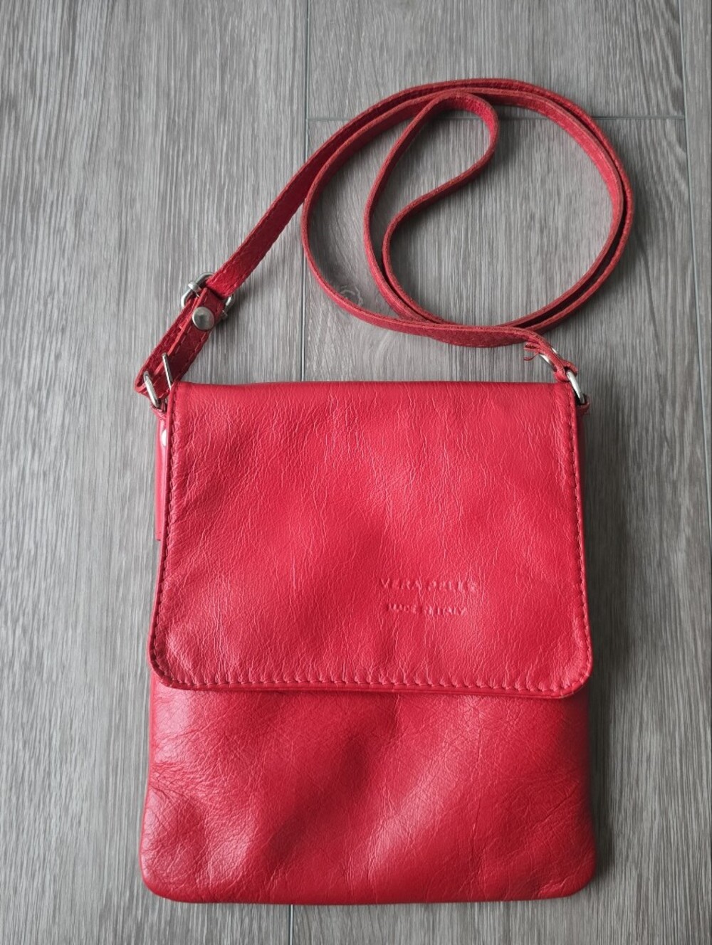 Vera Pelle Made in Italy Red Genuine Leather Crossbody Bag Silver Hardware